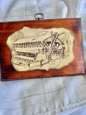 Vintage Cottagecore  Handmade Wooden Wall Art Plaque with Covered Bridge Scene